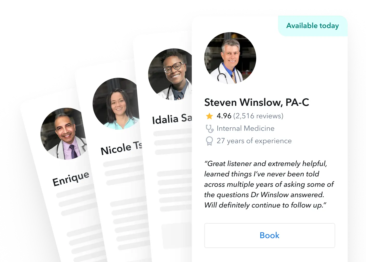 Healthcare provider selection showing Steven Winslow, PA-C (4.96 stars, 27 years experience) and other available doctors with booking options
